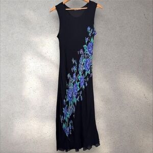 Vtg Y2K Silk Floral Beaded Fairy Goth Whimsical Midi Bias Slip Dress Fits‎ L/XL